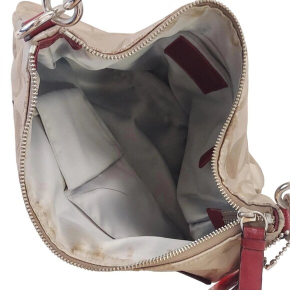 Auth COACH Daisy Poppy Signature Hobo F20064 Khaki Red Jacquard Patent Leather - Picture 8 of 12
